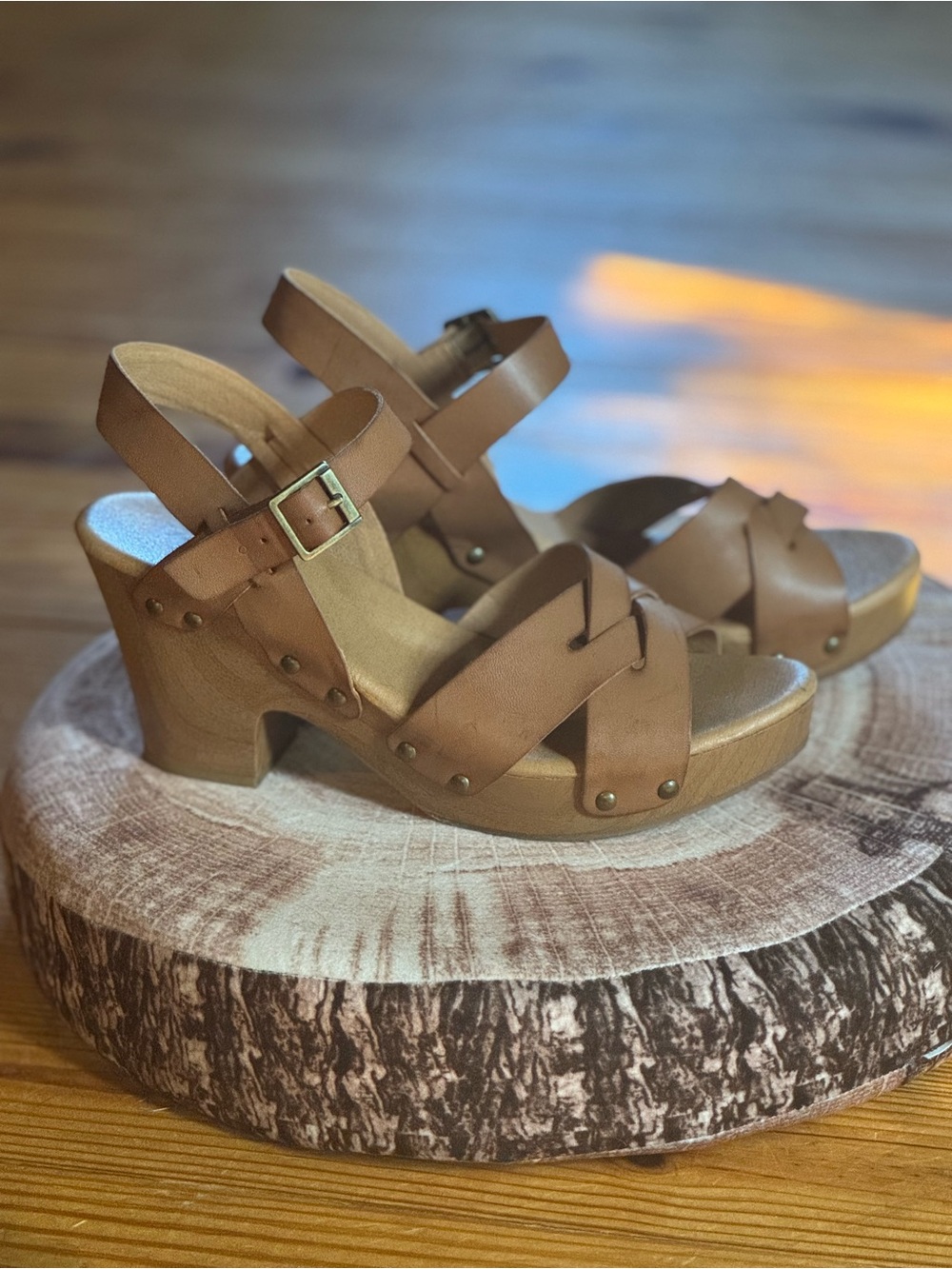 Korks by Kork-Ease Tan Leather Studded Platform Sandals